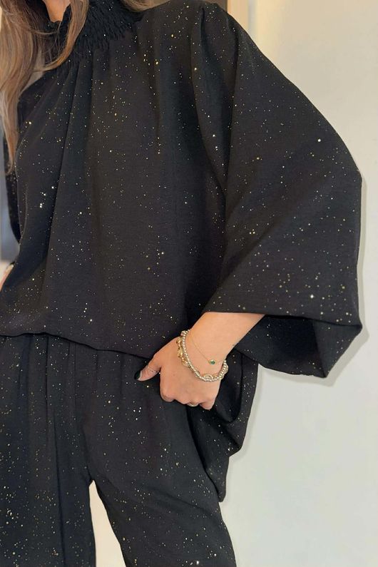 Suki Night Sky Shirring Neck Blouse Black /15=